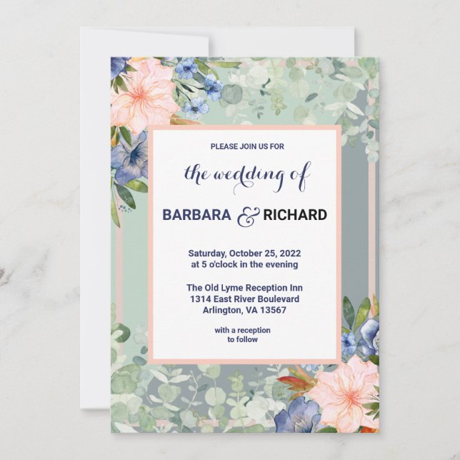 Dusty Blue Peach Green Wedding   Invitation (Front)