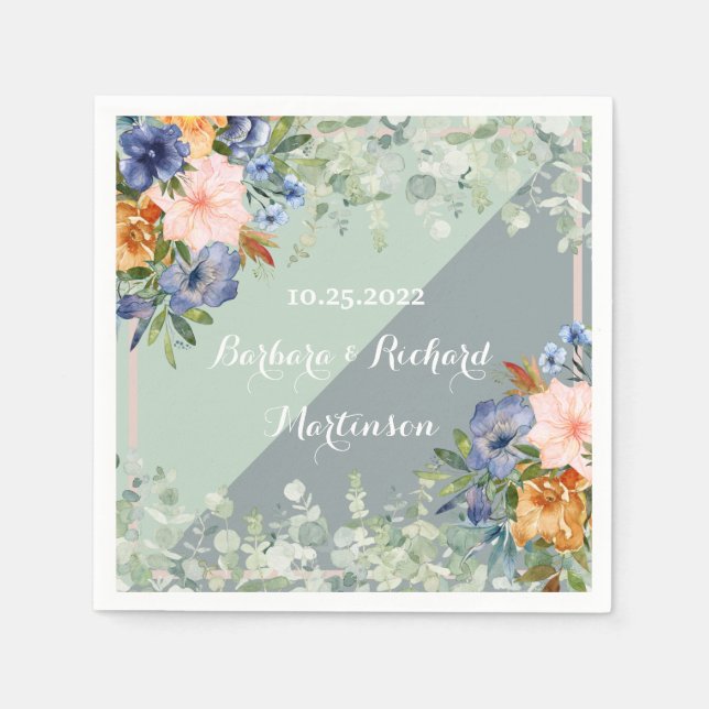 Dusty Blue Peach Green Wedding  Napkin (Front)