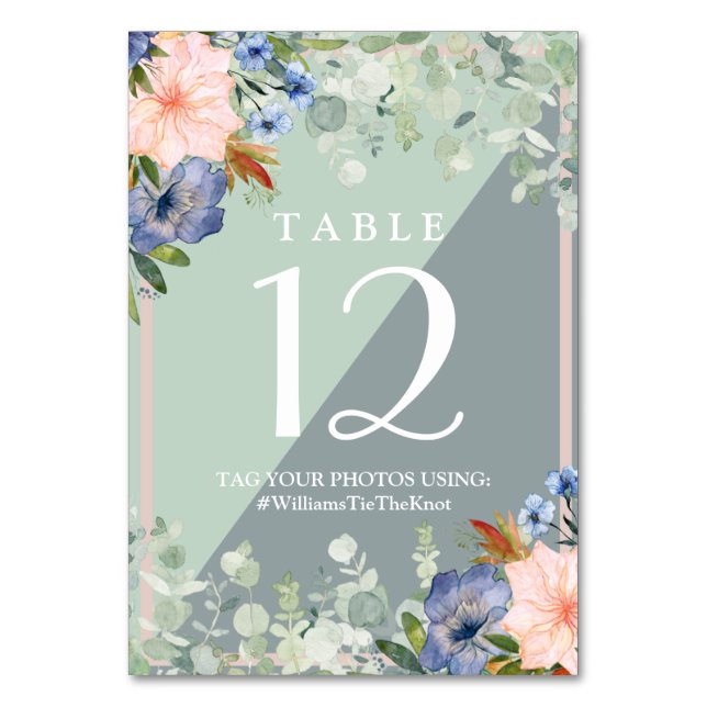 Dusty Blue Peach Green Wedding Table Number (Front)