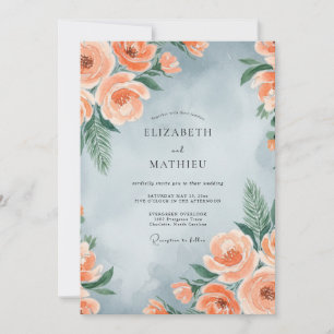 Dusty Blue Peach Painterly Spring Wedding Invitation