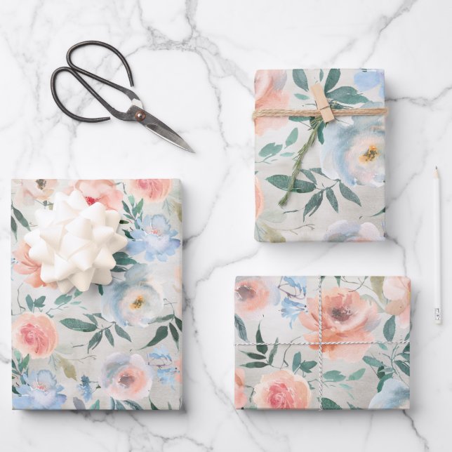 Dusty Blue & Peach Pink Peony Garden Wrapping Pape Wrapping Paper Sheet (Front)