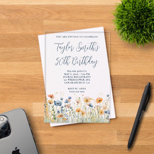 Dusty Blue Peach Wildflowers 50th Birthday Acrylic Invitations (Insitu (Invitation Card))