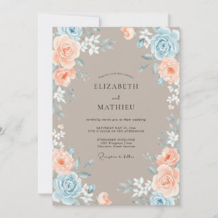 Dusty Blue Peachy Floral Blossom Wedding Invitation