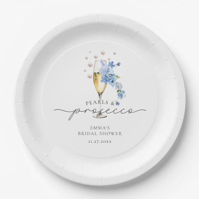 Dusty Blue Pearls & Prosecco Bridal Shower Paper Plate (Front)