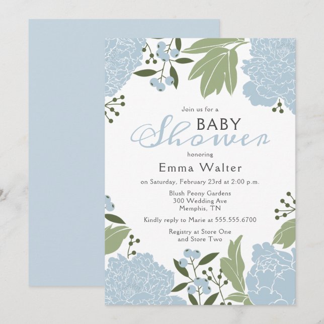 Dusty Blue Peonies Baby Shower Invitation (Front/Back)