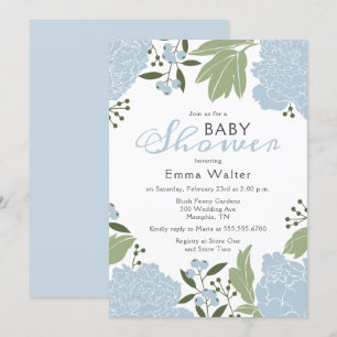 Dusty Blue Peonies Baby Shower Invitation