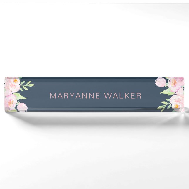 Dusty Blue Peonies Personalised Desk Nameplate (Front)