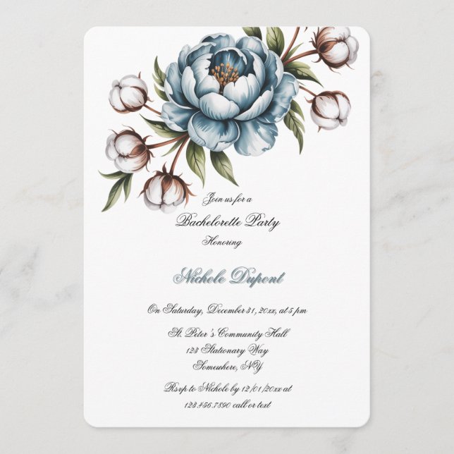 Dusty Blue Peony and Cotton Bachelorette Party Invitation (Front)