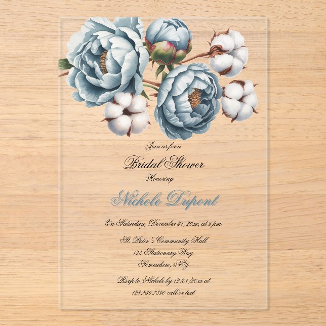 Dusty Blue Peony and Cotton Bridal Shower Acrylic Invitations (Front)