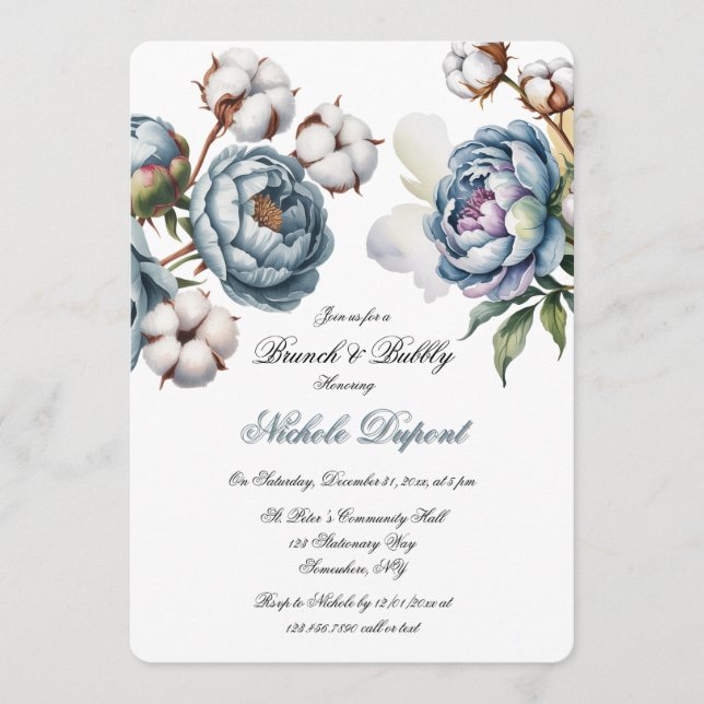 Dusty Blue Peony and Cotton Brunch & Bubbly Invitation (Front)