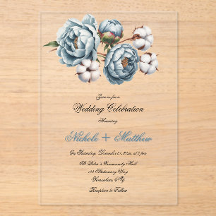 Dusty Blue Peony and Cotton Wedding Acrylic Invitations
