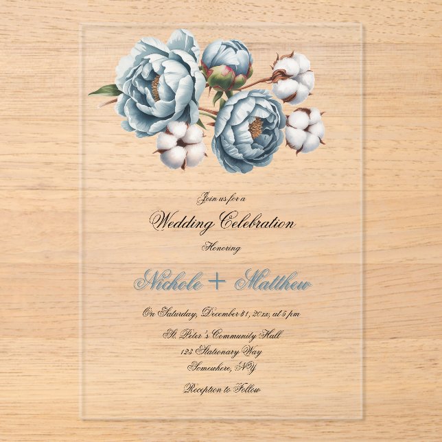 Dusty Blue Peony and Cotton Wedding Acrylic Invitations (Front)