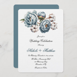 Dusty Blue Peony and Cotton Wedding Celebration Invitation