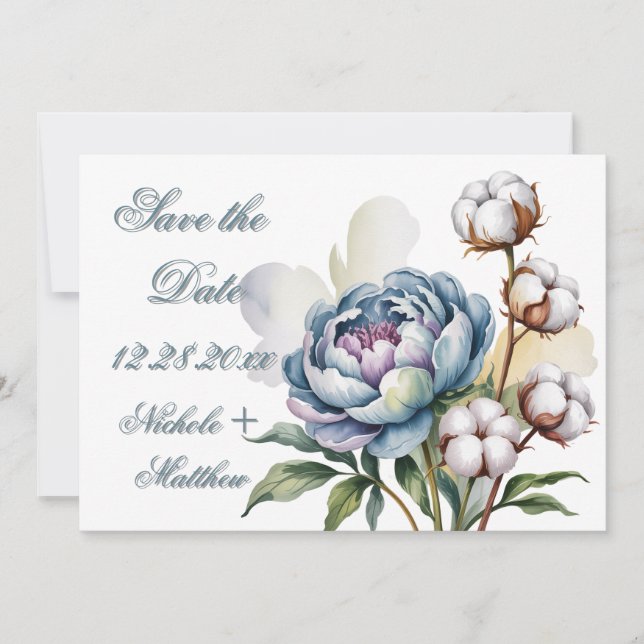 Dusty Blue Peony and Cotton Wedding Save The Date (Front)