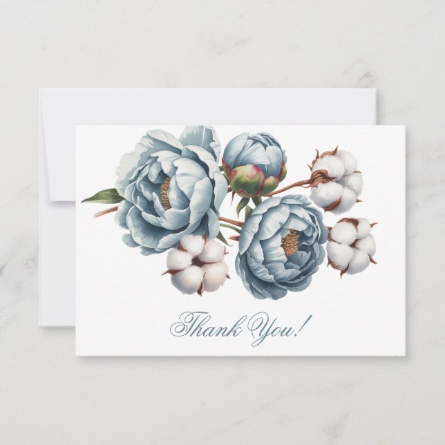 Dusty Blue Peony and Cotton Wedding Thank You Card (Front)