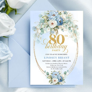 Dusty Blue Peony Floral Gold Elegant 80th Invite