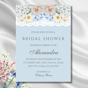 Dusty Blue Peony Hydrangea Bridal Shower Invitation