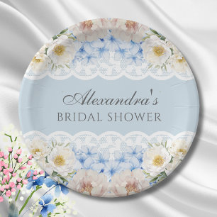 Dusty Blue Peony Hydrangea Bridal Shower Paper Plate