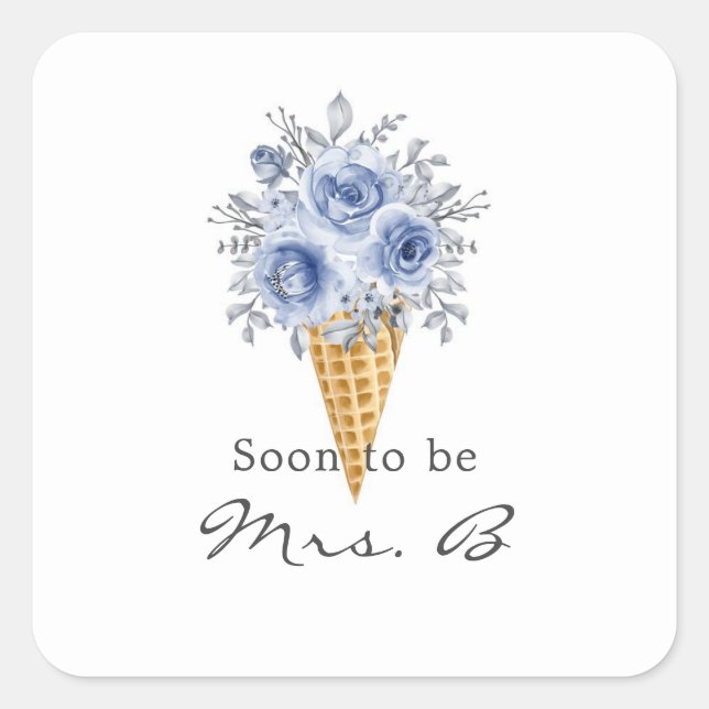 Dusty Blue Peony Ice Cream Cone Bridal Shower Square Sticker (Front)