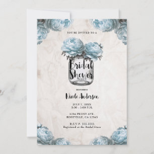 Dusty Blue Peony Mason Jar Rustic Bridal Shower Invitation