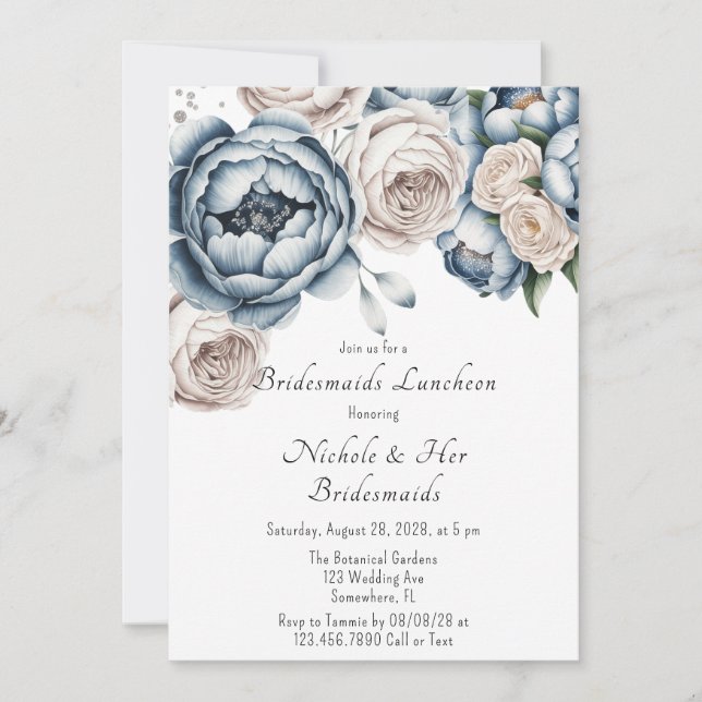 Dusty Blue Peony Rose & Glitter Bridesmaids Lunch Invitation (Front)