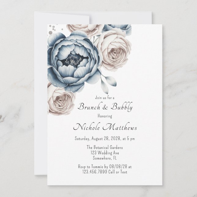 Dusty Blue Peony Rose & Glitter Brunch & Bubbly Invitation (Front)