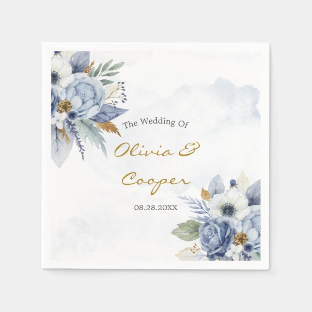 Dusty Blue Peony Roses Botanical Floral Wedding Na Napkin (Front)