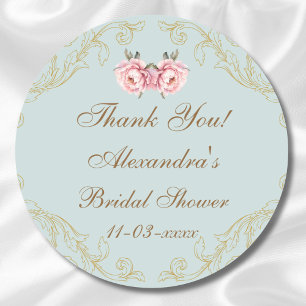 Dusty Blue Peony Vintage Bridal Shower Thank You  Classic Round Sticker