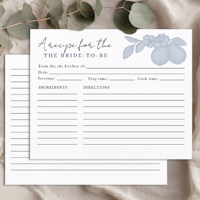 Dusty Blue Perfect Pear Bridal Shower Recipe Card (Recipe Card Keepsake for the Bride)