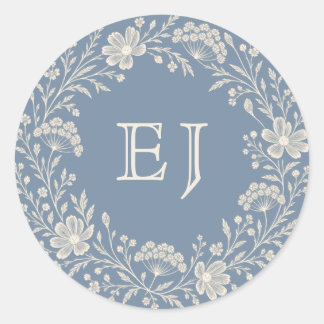 Dusty Blue Periwinkle Wildflower Monogram Envelope Classic Round Sticker