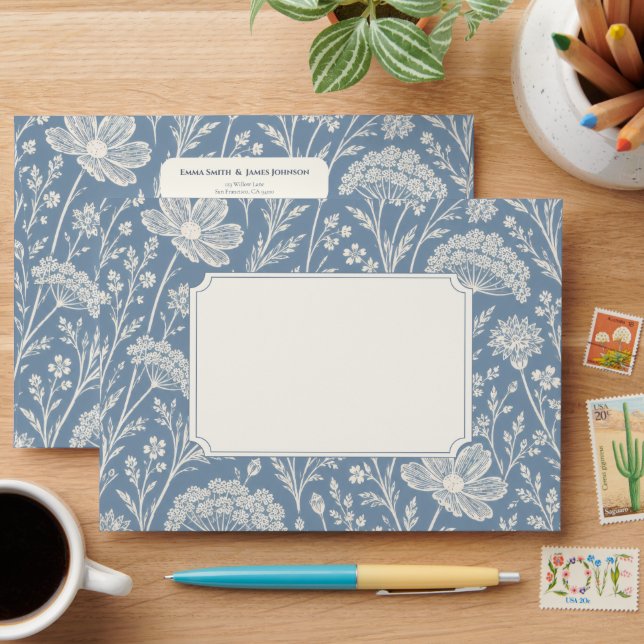 Dusty Blue Periwinkle Wildflower Pattern Envelope (Desk)