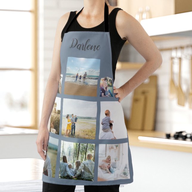 Dusty Blue Personalized Family Photo Collage Name Apron (Creator Uploaded)