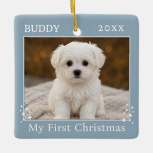 Dusty Blue Personalized First Christmas Dog Photo Ceramic Ornament