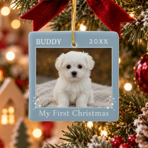 Dusty Blue Personalized First Christmas Dog Photo Ceramic Ornament