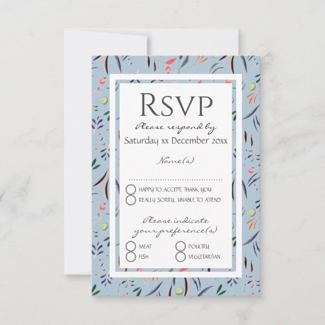Dusty Blue Personalized Floral WEDDING RSVP Card (Front)
