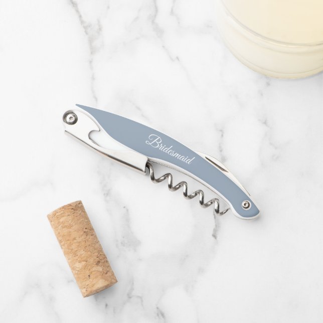 Dusty Blue Personalized Wedding Bridesmaid Corkscrew (Front)