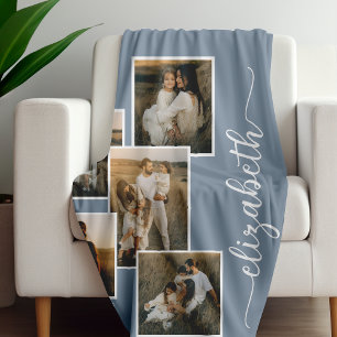 Dusty Blue Personalized With Name 5 Photo Collage Fleece Blanket