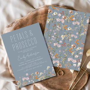 Dusty Blue Petals & Prosecco Bridal Shower  Invitation