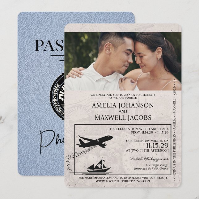 Dusty Blue Philippines Passport Wedding Invitation (Front/Back)