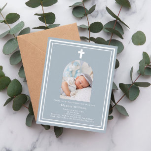 Dusty blue photo arch boy Baptism invitation
