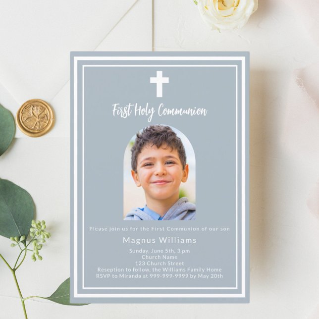 Dusty blue photo arch First Holy Communion Invitation (Creator Uploaded)