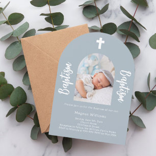 Dusty blue photo arch script boy Baptism Invitation