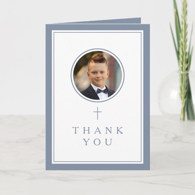 Dusty Blue Photo Boy First Communion Thank You Card (Front)