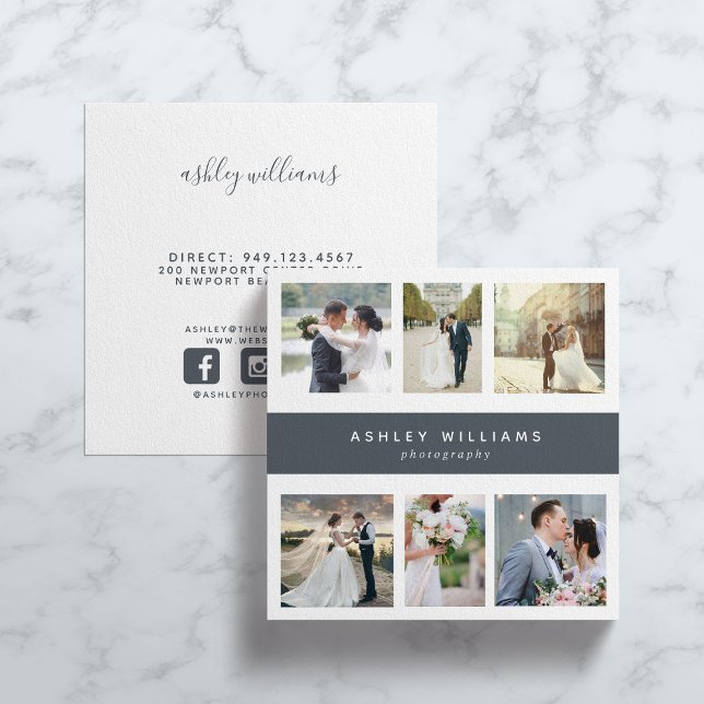 Dusty Blue Photo Collage Photographer Square Square Business Card (Creator Uploaded)