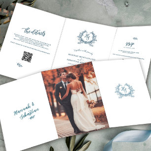 Dusty Blue Photo QR Code RSVP Wedding Details Tri-Fold Card