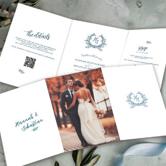 Dusty Blue Photo QR Code RSVP Wedding Details Tri-Fold Card