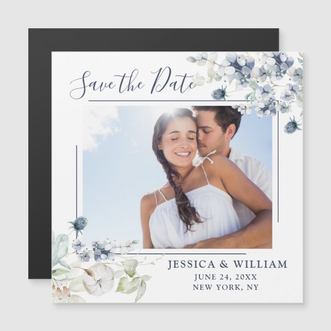 Dusty Blue PHOTO Save the Date Magnetic Card (Front/Back)