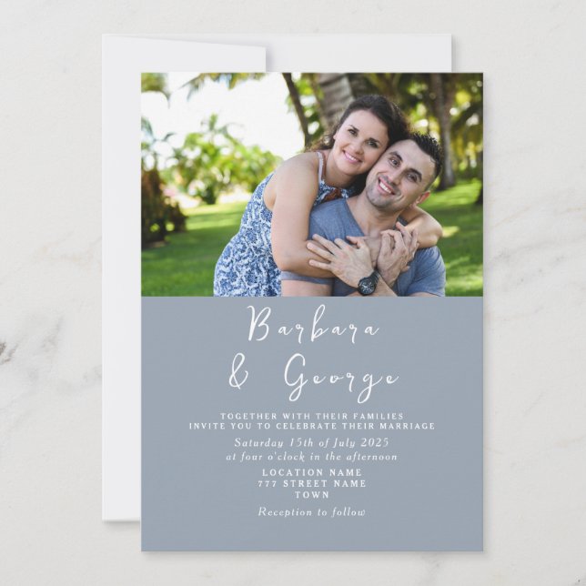 Dusty Blue Photo Wedding Invitation (Front)