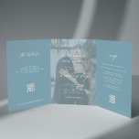 Dusty blue photo wedding RSVP details QR code  Tri-Fold Invitation<br><div class="desc">Modern simple minimal elegant typography trendy dusty blue all in one trifold budget wedding invitation template with 2 photos, rsvp and details with scanning QR codes featuring a chic trendy white calligraphy script and transparent photo overlay. Easy to personalize with one or two custom photos (you can upload the same...</div>