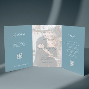 Dusty blue photo wedding RSVP details QR code  Tri-Fold Invitation